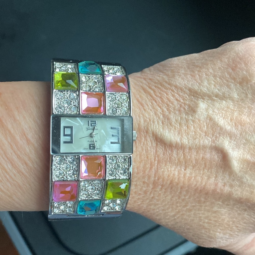 Geneva Silvertone Colorful Rhinestone Cuff Watch. - Picture 6 of 7